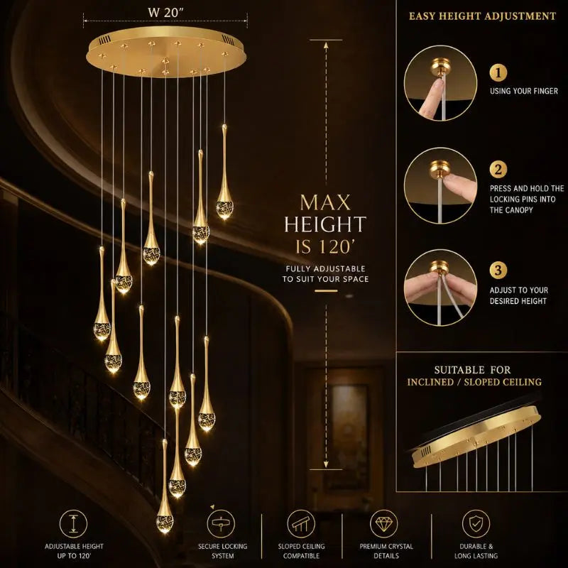 Luxury Crystal Staircase Chandelier | Modern Long Hanging LED Foyer Light — shown in an interior setting 4