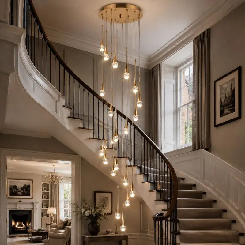 Luxury Crystal Staircase Chandelier | Modern Long Hanging LED Foyer Light — shown in an interior setting