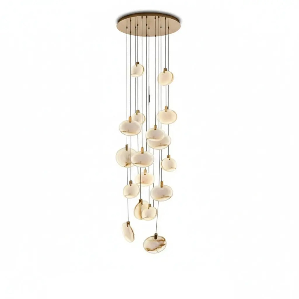 Modern Discs Long Staircase Alabaster Chandelier — shown in an interior setting 2