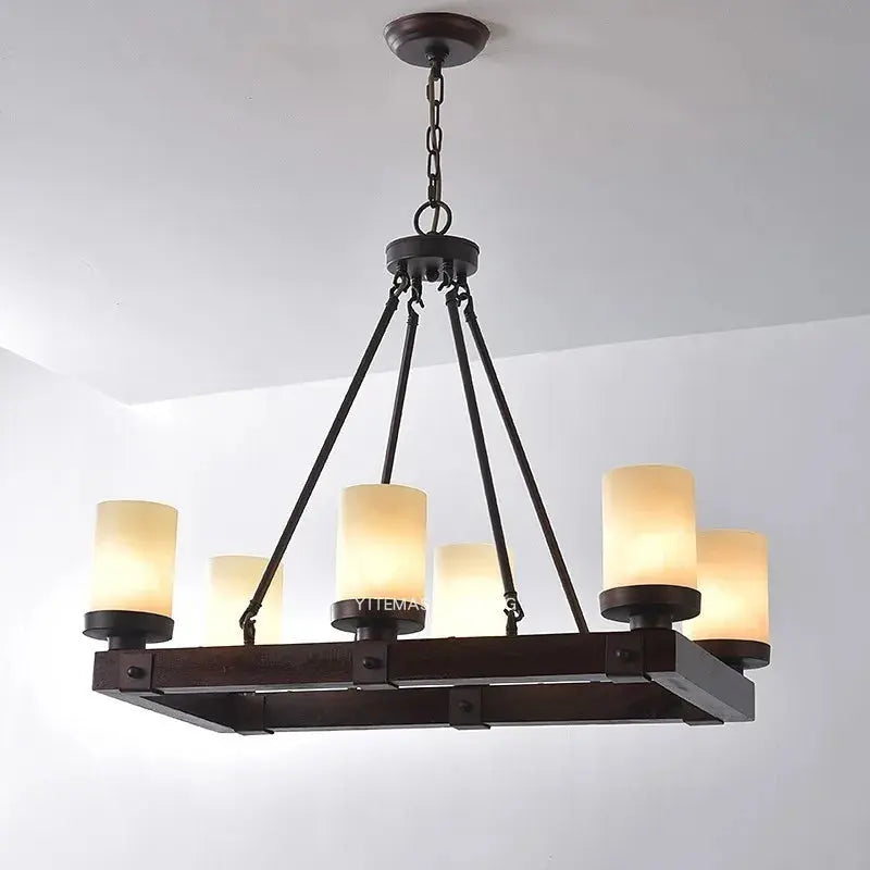 American Retro Chandelier Solid Wood Rectangular – Vintage Wooden Ceiling Light — product view