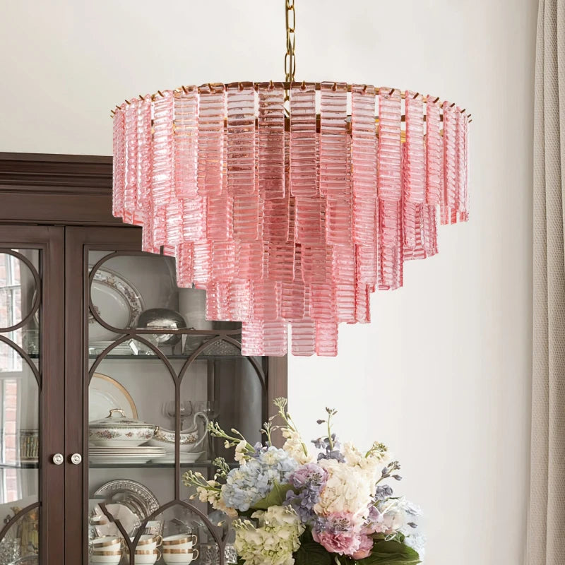 Multi-tier glass chandelier with decorative ribbed glass surfaces