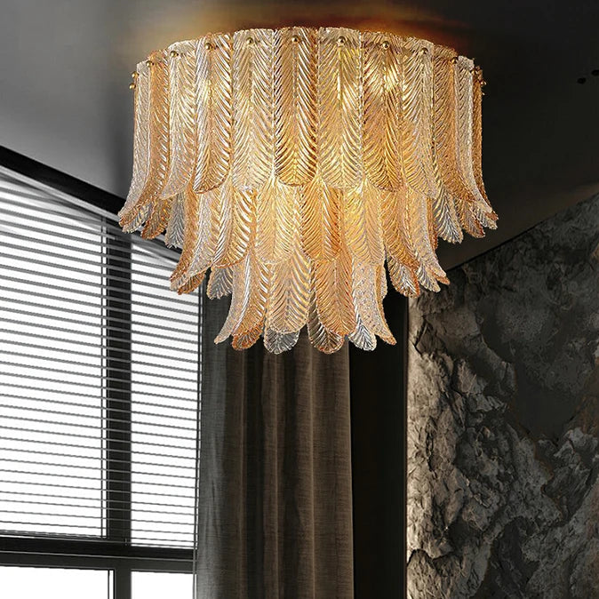 Elara round amber and clear glass leaf ceiling chandelier – alternate view