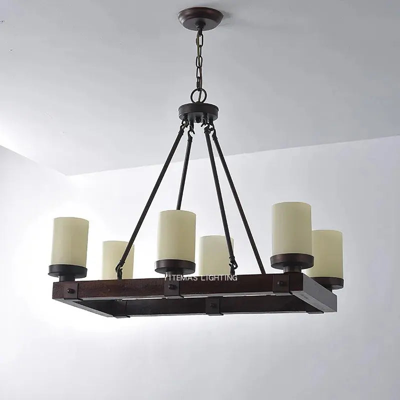 American Retro Chandelier Solid Wood Rectangular – Vintage Wooden Ceiling Light — alternate product view 2
