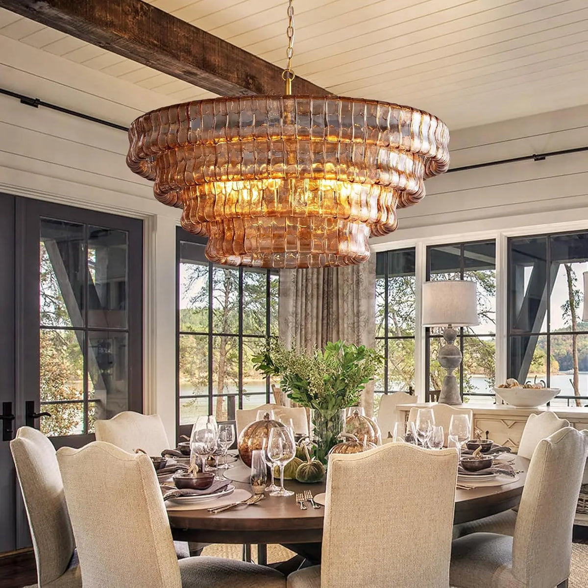 Modern Amber Glass Chandelier — illuminated view