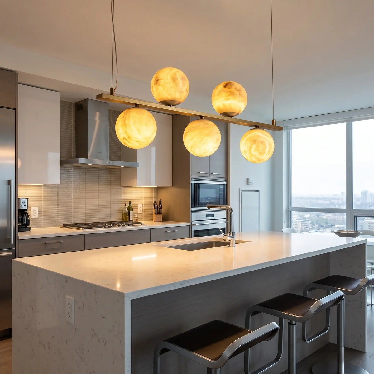 Brass Linear Alabaster Pendant Light — shown in an interior setting 2
