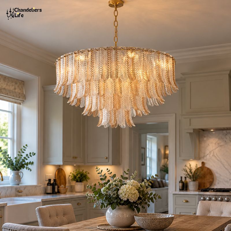A large, elegant multi-tiered chandelier with cascading gold and champagne-colored crystal leaf-like drops, hanging in a bright, modern kitchen with cream cabinets and marble backsplash.