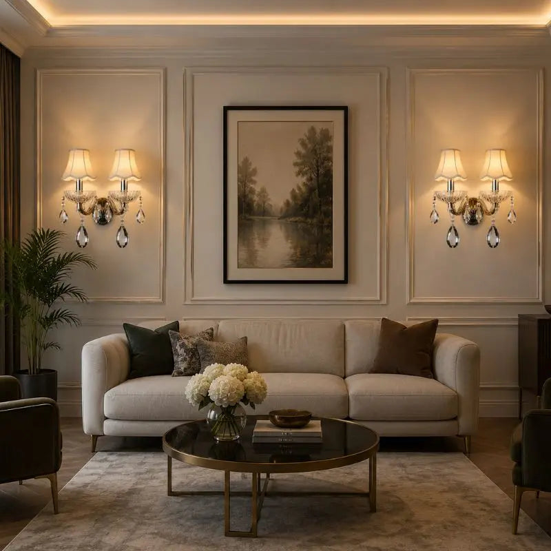 Banquet Hall Hallway Hotel Crystal Wall Lights — shown in an interior setting
