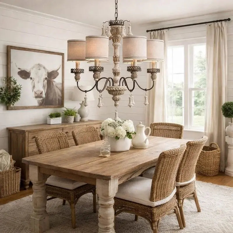 Retro Wood Chandelier With Fabric Shade — product view