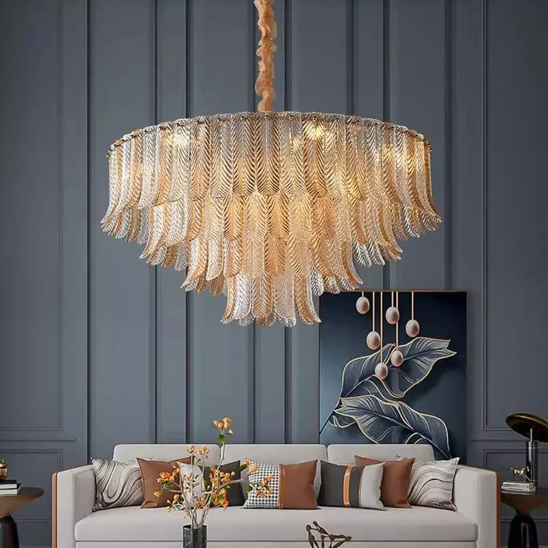 Aurelio polished copper and glass eight-light chandelier