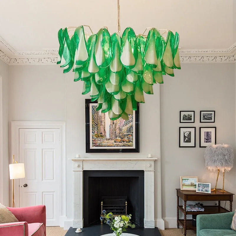 Ceiling chandelier featuring an arrangement of glass petal forms
