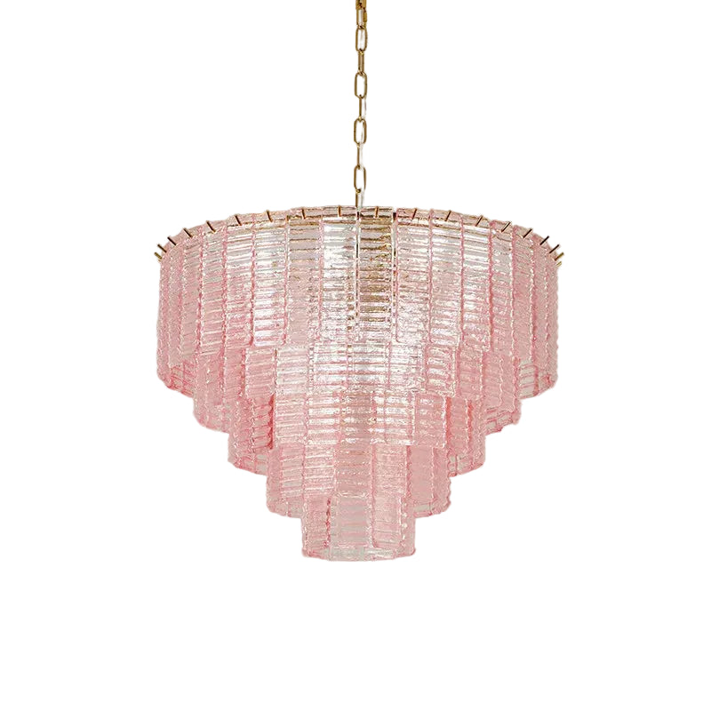 Layered ribbed glass pendant chandelier with metal framework