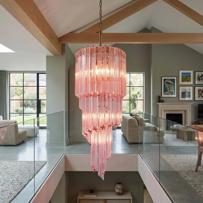 Varenza Modern Luxury Pink Glass Chandelier — shown in an interior setting