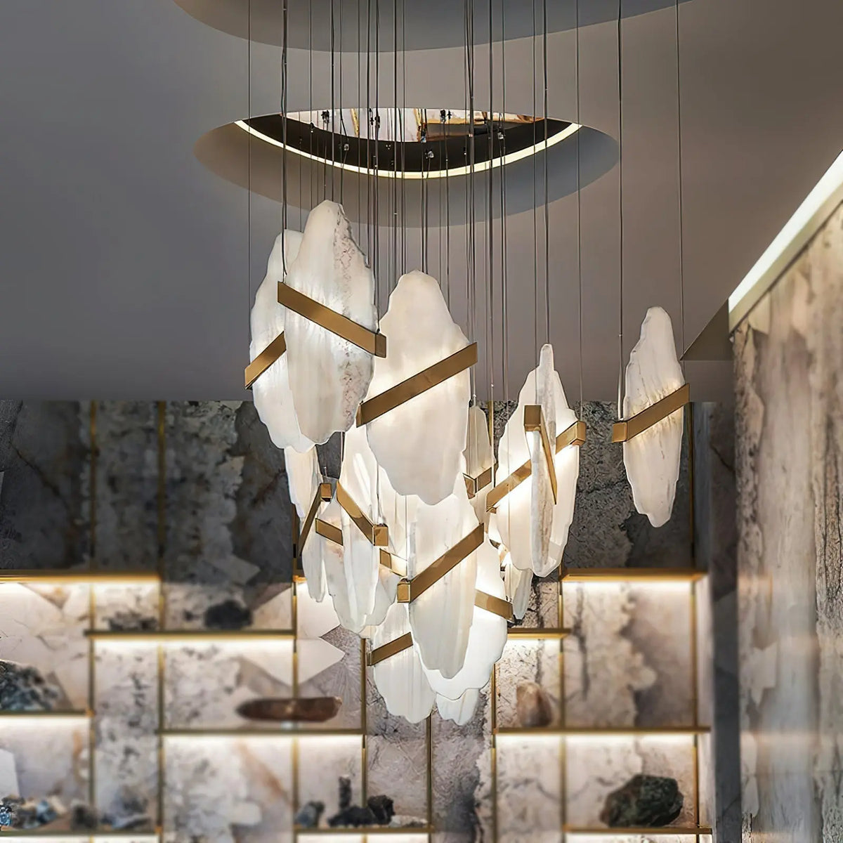 Seven Panels Modern Alabaster Pendant Light — illuminated view