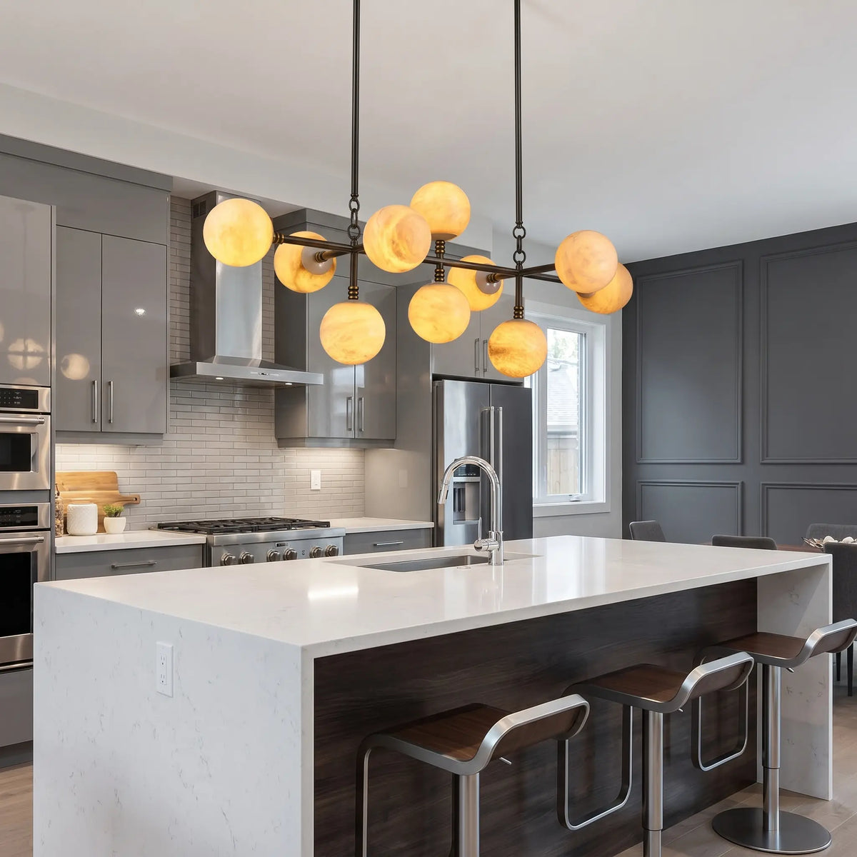 Brass Alabaster Pendant Light Globes — shown in an interior setting