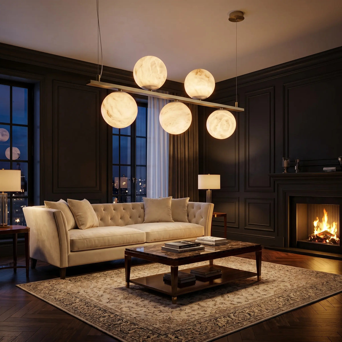 Brass Linear Alabaster Pendant Light — shown in an interior setting 3
