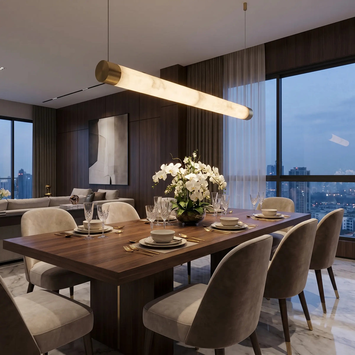 Alabaster Linear Rod Pendant Light — shown in an interior setting 2